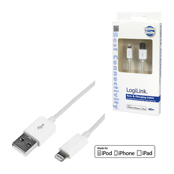 LogiLink Cable Lightning a USB-A, 1 m, Blanco