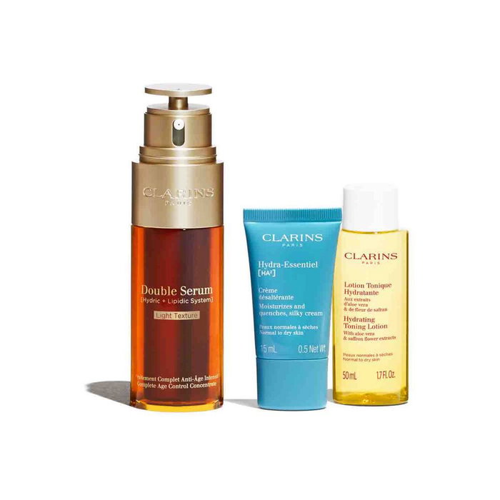 Clarins DOUBLE SERUM LIGHT TEXTURE ESTUCHE 4 pz Tratamiento antiedad para piel con doble eficacia y absorción inmediata.