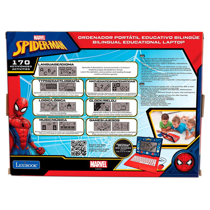 Lexibook Portátil Educativo Bilingüe Inglés/Español con Spiderman Marvel, 170 Actividades, para Niños 4+ Años, Modelo Jc599Spi2