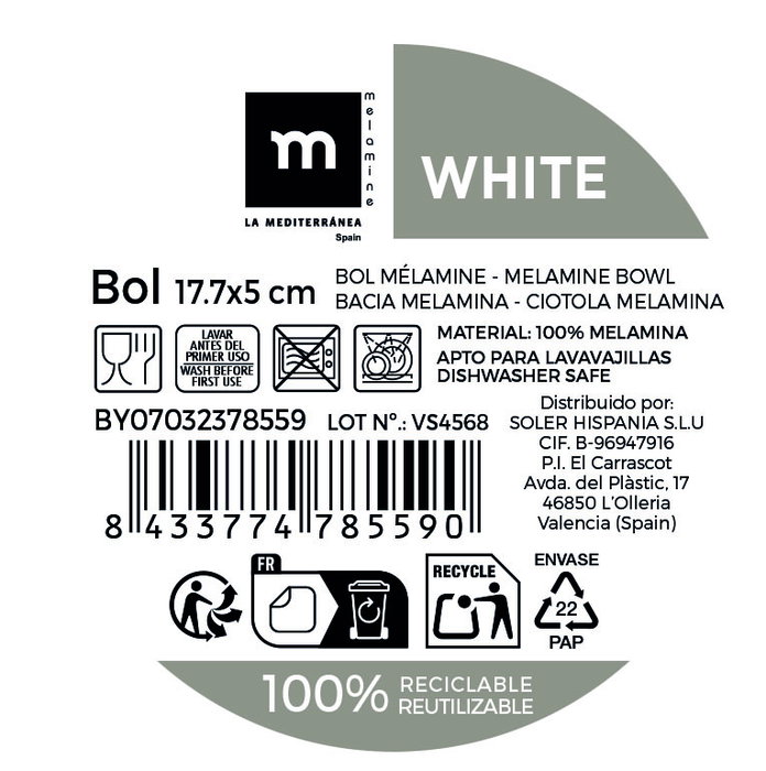 Inde Bol Melamina Mate White 17.7 cm x 5 cm (12 Unidades)