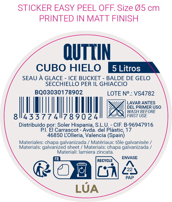 Inde - Cubo Hielo Decorativo 5 Litros, Medidas 22.5 x 18.5 cm, Modelo Lua Quttin (8 Unidades)