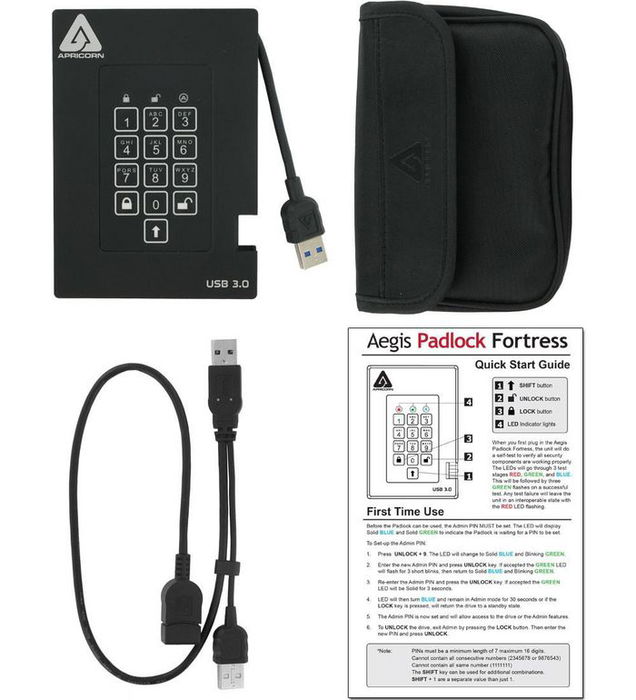 Apricorn Padlock Fortress 1000GB HDD, Acceso PIN, USB 3.0