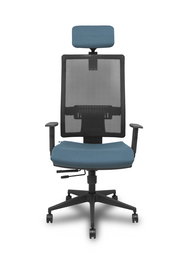 Silla de oficina Horna con mecanismo Sincro/Traslack tapizada con Tela color Gris oscuro y malla color Negro. Equipada con lumbar 1D, Brazos 1D, Cabecero 2D y Ruedas 65 mm parqué