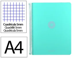 Antartik Cuaderno espiral A4 foam 120h cuadro 5mm 5 bandas 4 taladros 90gr color menta - Micro