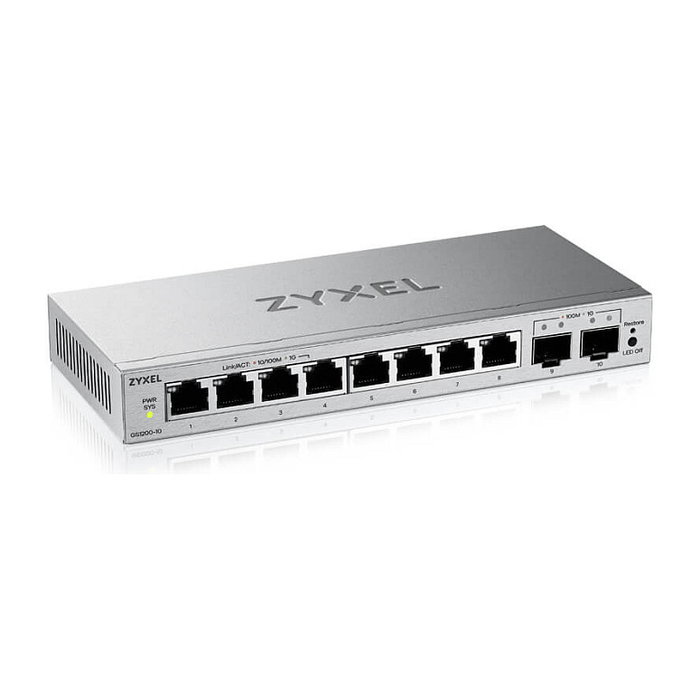 Zyxel GS1200-10V3 - Switch de Escritorio 8 Puertos Gigabit + 2 SFP, Gestionado L2 Web/Smart, Capacidad 20 Gbit/s, Sin Ventilador, Gris