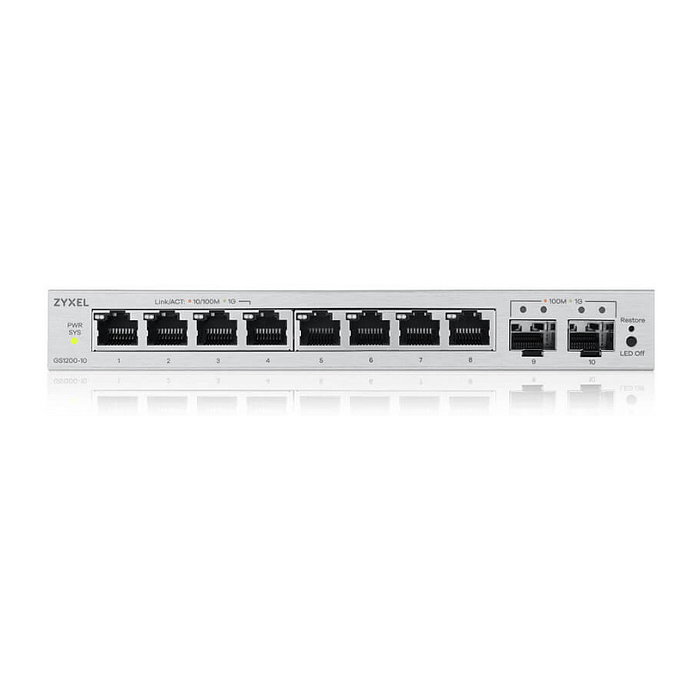 Zyxel GS1200-10V3 - Switch de Escritorio 8 Puertos Gigabit + 2 SFP, Gestionado L2 Web/Smart, Capacidad 20 Gbit/s, Sin Ventilador, Gris
