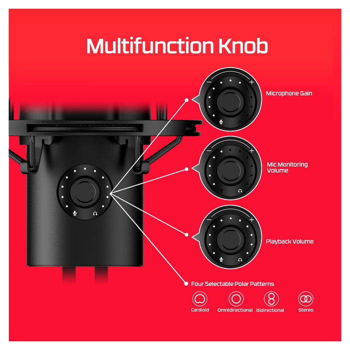 HyperX QuadCast 2 Micrófono USB para Streaming, Podcast y Gaming, Negro, Cardioide/Bidireccional/Omnidireccional, 24-bit, con filtro antipop