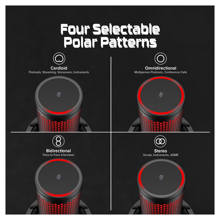 HyperX QuadCast 2 Micrófono USB para Streaming, Podcast y Gaming, Negro, Cardioide/Bidireccional/Omnidireccional, 24-bit, con filtro antipop