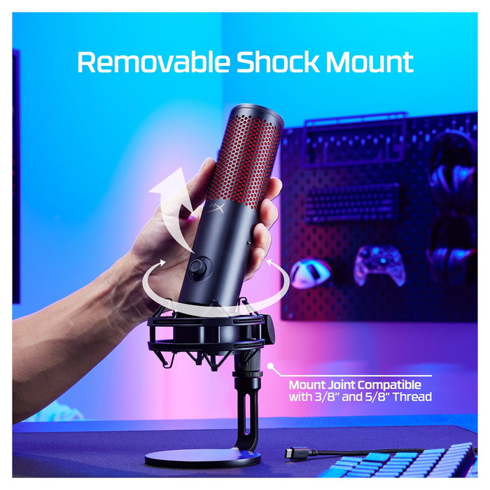 HyperX QuadCast 2 Micrófono USB para Streaming, Podcast y Gaming, Negro, Cardioide/Bidireccional/Omnidireccional, 24-bit, con filtro antipop