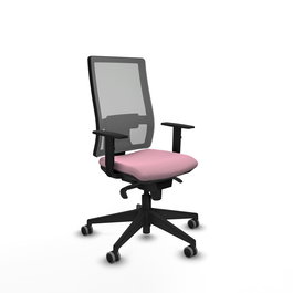 Silla de oficina Horna con mecanismo Sincro tapizada con Tela color Rosa y malla color Gris. Equipada con lumbar 1D, Brazos 1D y Ruedas 65 mm parqué