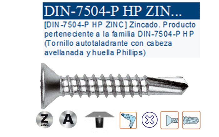 Tornillo autotaladrante 7504-P HP plana PH2 3,5x9,5 mm Tornillo autotaladrante 7504-P HP plana PH2 3,5x9,5 mm