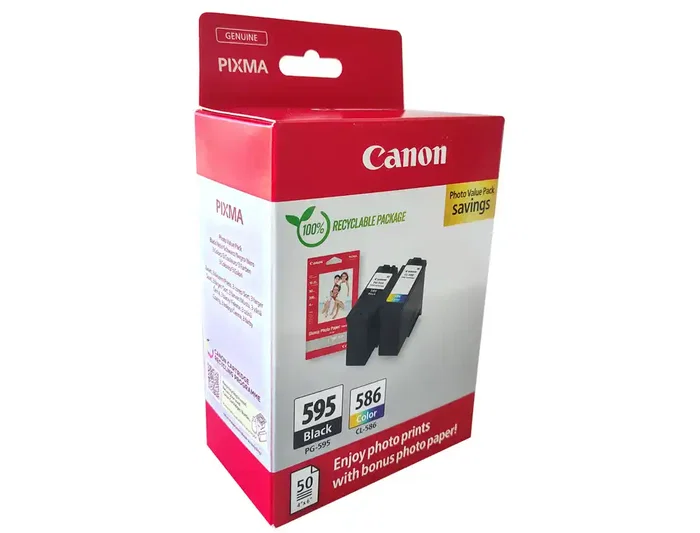 Canon Multipack PG595 Negro + CL586 Color Original - Incluye 50 Hojas Papel Foto Glossy 10x15 cm