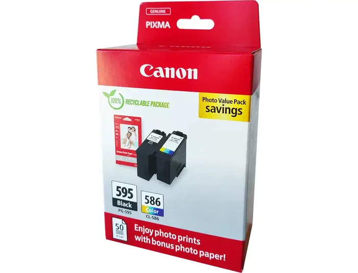 Canon Multipack PG595 Negro + CL586 Color Original - Incluye 50 Hojas Papel Foto Glossy 10x15 cm