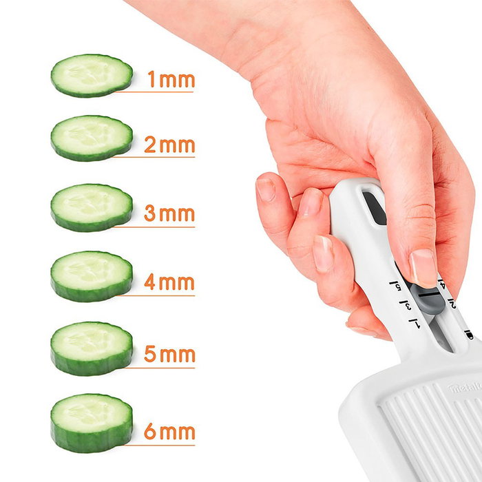 Metaltex Cortador de Verduras Slice-Six, con 6 Cuchillas de Acero Inoxidable (1-6 mm), Mango Ergonómico, Base Antideslizante, 32 x 12 x 3.5 cm