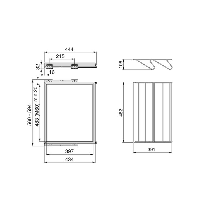 Emuca Kit de zapatero metálico y bastidor de guías con cierre suave para armario, regulable, módulo 600mm, Gris piedra