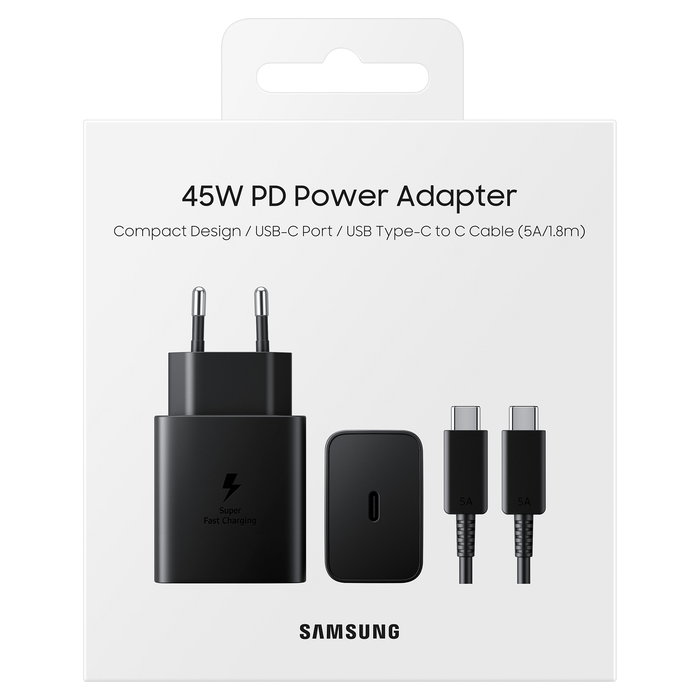 Samsung Cargador Rápido 45W Super Fast Charging 2.0 con Cable USB-C 1.8m Negro - EP-T4510