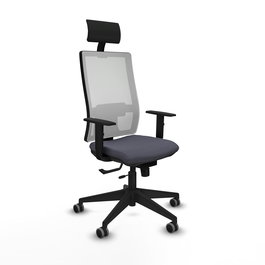 Silla de oficina Horna con mecanismo Sincro/Traslack tapizada con Tela color Gris oscuro y malla color Blanco. Equipada con lumbar 1D, Brazos 1D, Cabecero Fijo y Ruedas 65 mm parqué