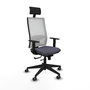 Silla de oficina Horna con mecanismo Sincro/Traslack tapizada con Tela color Gris oscuro y malla color Blanco. Equipada con lumbar 1D, Brazos 1D, Cabecero Fijo y Ruedas 65 mm parqué
