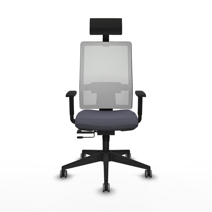Silla de oficina Horna con mecanismo Sincro/Traslack tapizada con Tela color Gris oscuro y malla color Blanco. Equipada con lumbar 1D, Brazos 1D, Cabecero Fijo y Ruedas 65 mm parqué