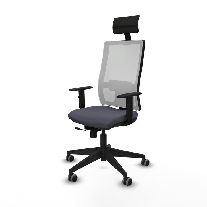 Silla de oficina Horna con mecanismo Sincro/Traslack tapizada con Tela color Gris oscuro y malla color Blanco. Equipada con lumbar 1D, Brazos 1D, Cabecero Fijo y Ruedas 65 mm parqué