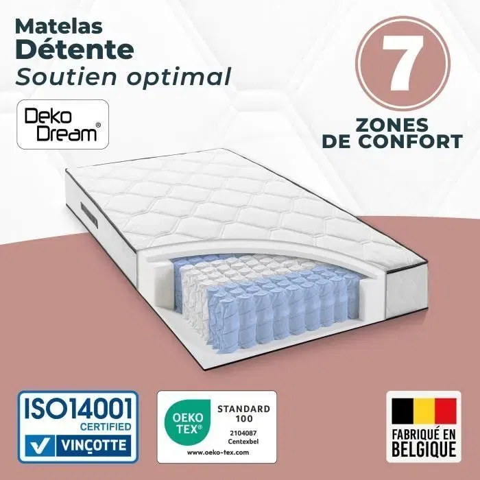 Somnis Bedding 110100850 Colchón 90 x 200 cm - Altura 24 cm - 380 Muelles Ensacados - 7 Zonas - Equilibrado - Reversible - Fabricado en Bélgica