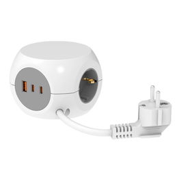 Simon Base Múltiple Combiball Blanca - 3 Tomas Schuko 16A + 1 USB-A + 2 USB-C (30W Carga Rápida) con Cable 1.4m y Adhesivo Antideslizante