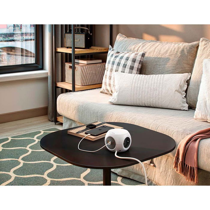 Simon Base Múltiple Combiball Blanca - 3 Tomas Schuko 16A + 1 USB-A + 2 USB-C (30W Carga Rápida) con Cable 1.4m y Adhesivo Antideslizante