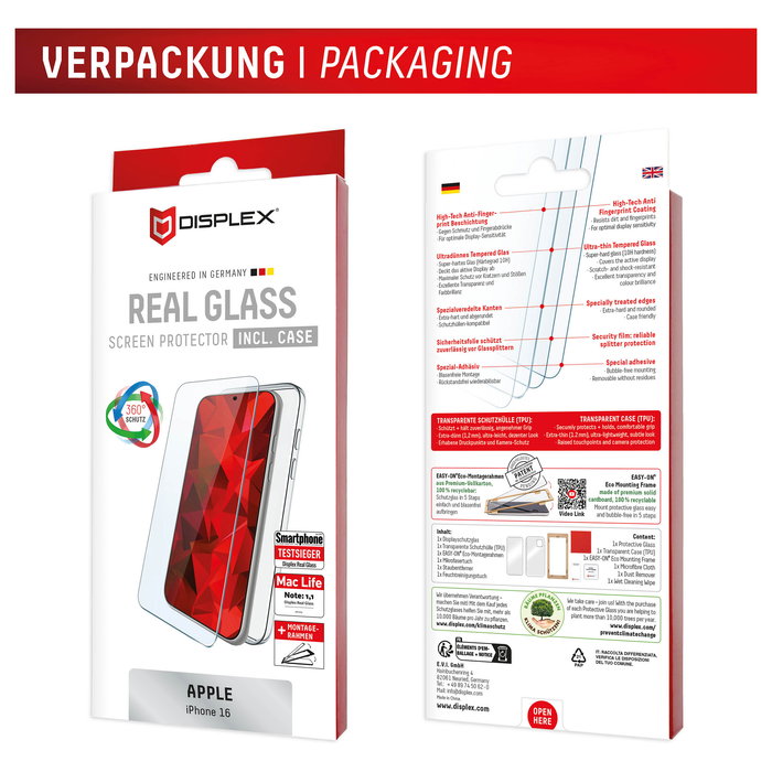 Displex 02001 Real Glass Protector de Pantalla de Vidrio Templado 10H para Apple iPhone 16, Anti-Rayones, Transparente, Aplicación en Seco, Incluye Kit de Limpieza