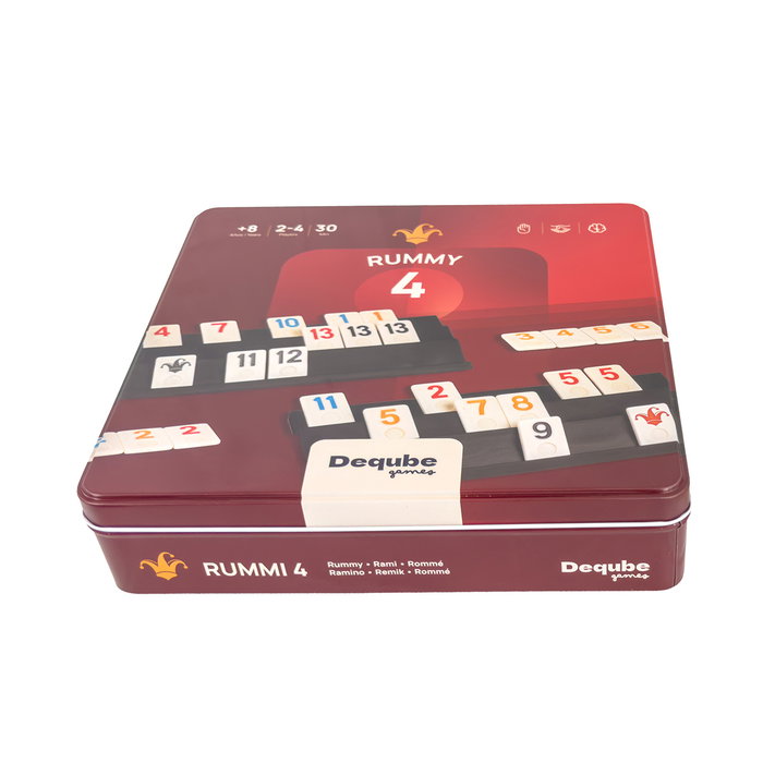 Deqube Juego de Rummy D00345 para 4 Jugadores, Caja de Metal, Fichas de Alta Calidad, Versión Clásica - Español, English, Portugués