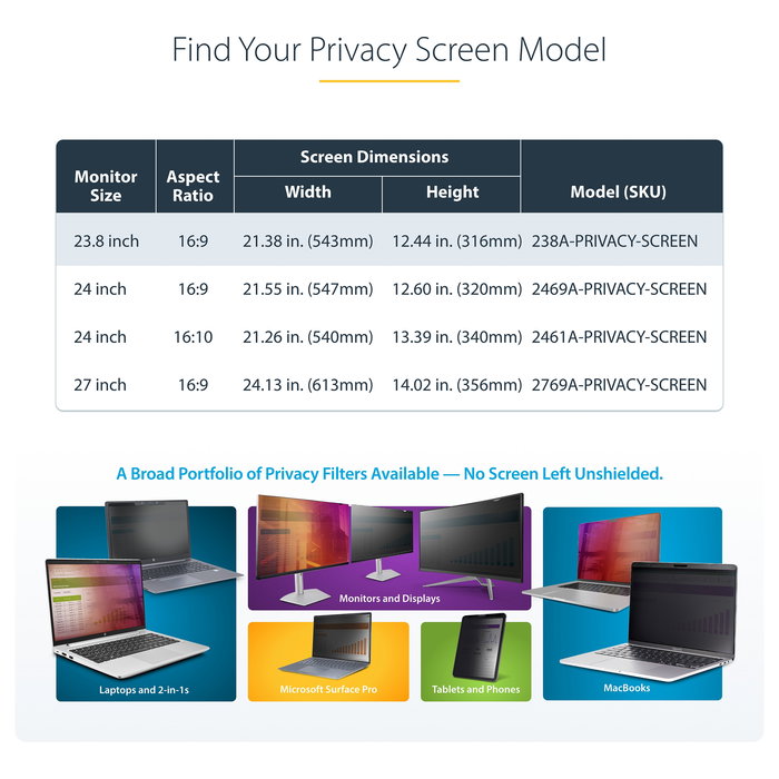 StarTech.com Filtro de Privacidad para Monitor de 23.8 Pulgadas, Colgante, Acrílico, Antihuellas, Ángulo +/- 30°, Antirrayones, Azul, 16:9, Negro - Filtro para Pantalla sin Marco