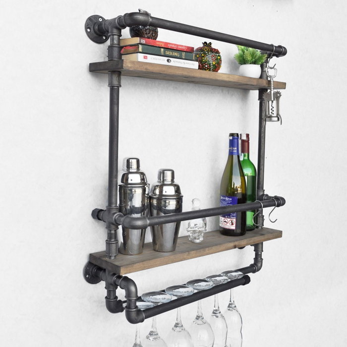 Hanah Home Boruraf104 Estantería de tubo rústica moderna con botellero, madera de abeto y metal, Nogal y negro, 60x67x17 cm Hanah Home Boruraf104 Estantería de tubo rústica moderna con botellero, madera de abeto y metal, Nogal y negro, 60x67x17 cm