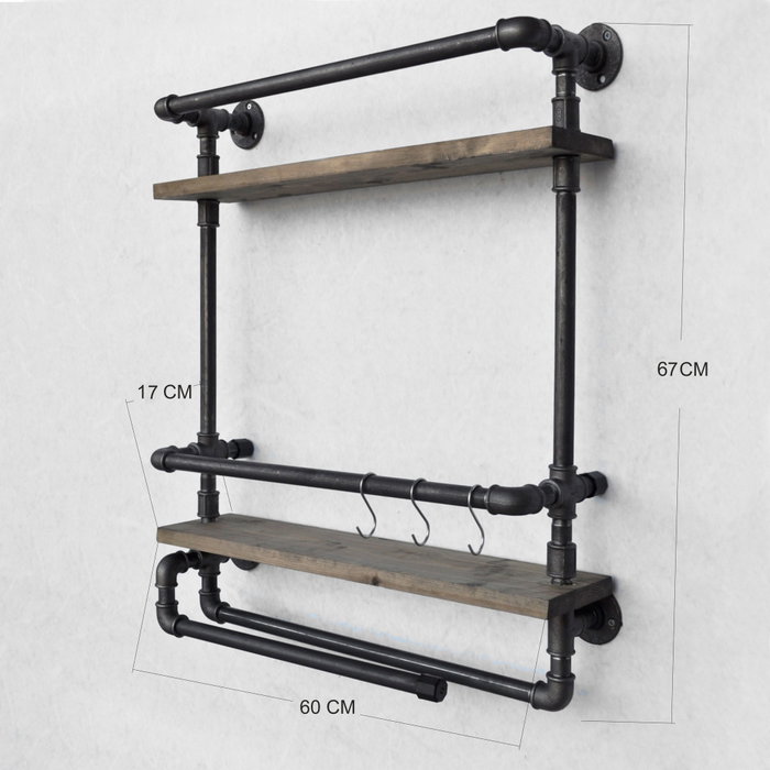 Hanah Home Boruraf104 Estantería de tubo rústica moderna con botellero, madera de abeto y metal, Nogal y negro, 60x67x17 cm Hanah Home Boruraf104 Estantería de tubo rústica moderna con botellero, madera de abeto y metal, Nogal y negro, 60x67x17 cm