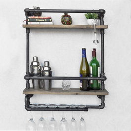 Hanah Home Boruraf104 Estantería de tubo rústica moderna con botellero, madera de abeto y metal, Nogal y negro, 60x67x17 cm