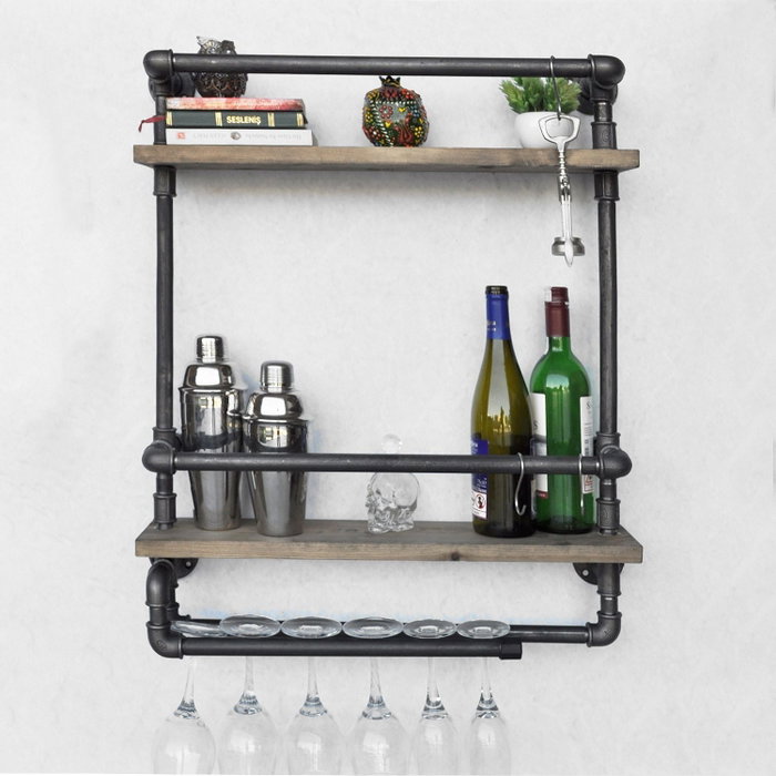 Hanah Home Boruraf104 Estantería de tubo rústica moderna con botellero, madera de abeto y metal, Nogal y negro, 60x67x17 cm Hanah Home Boruraf104 Estantería de tubo rústica moderna con botellero, madera de abeto y metal, Nogal y negro, 60x67x17 cm