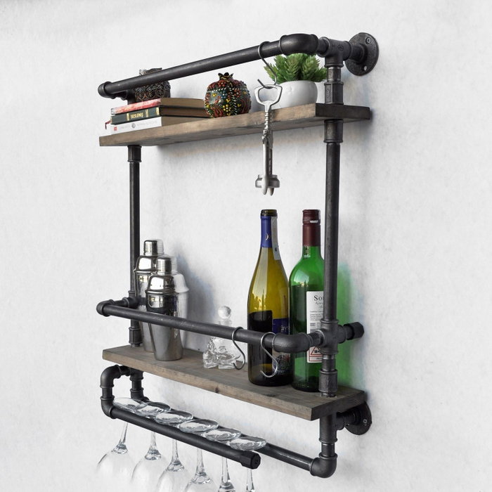 Hanah Home Boruraf104 Estantería de tubo rústica moderna con botellero, madera de abeto y metal, Nogal y negro, 60x67x17 cm Hanah Home Boruraf104 Estantería de tubo rústica moderna con botellero, madera de abeto y metal, Nogal y negro, 60x67x17 cm