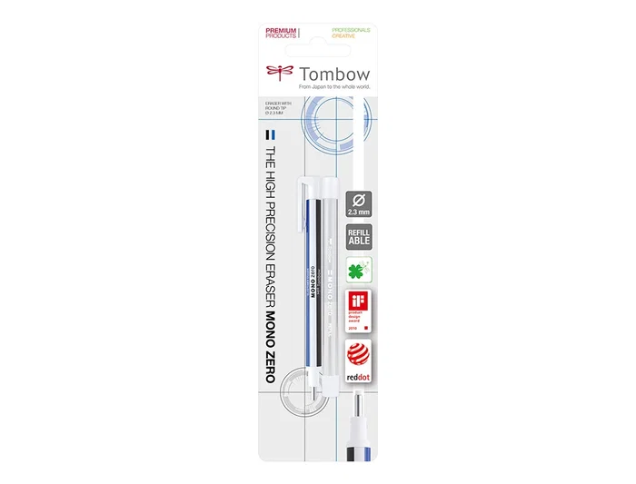 Tombow Portagomas Mono Zero con Clip Goma Redonda Precisión 2.3 mm Borrado Limpio y Preciso Recargable PVC y Látex Libre Color Azul Blanco y Negro