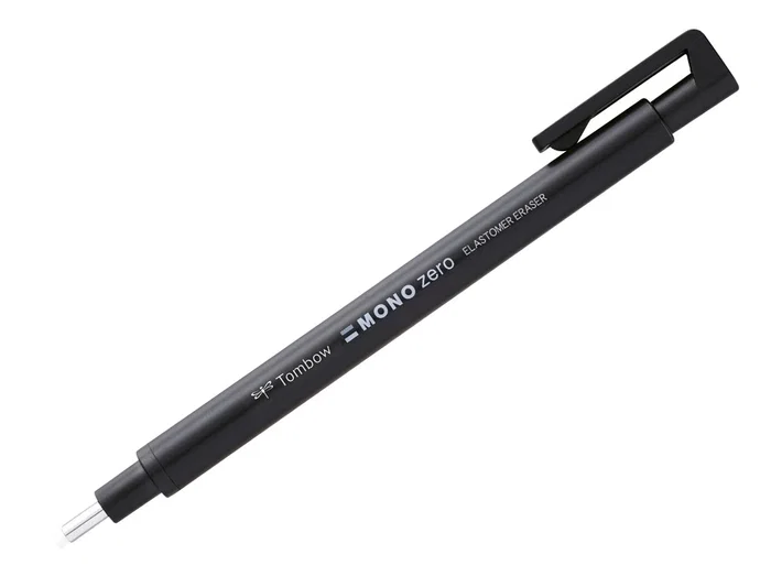 Tombow Portagomas Mono Zero con Clip Goma Redonda Precisión 2.3 mm Borrado Limpio y Preciso Recargable PVC y Látex Libre Color Azul Blanco y Negro