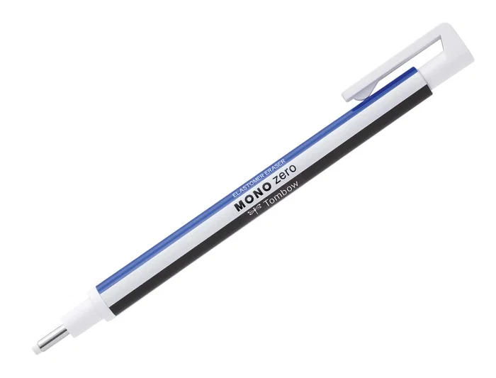 Tombow Portagomas Mono Zero con Clip Goma Redonda Precisión 2.3 mm Borrado Limpio y Preciso Recargable PVC y Látex Libre Color Azul Blanco y Negro
