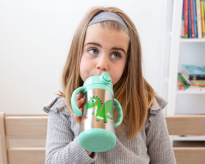 KioKids Botella Entrenamiento Dragón Verde 280 mL Acero Inoxidable +6 meses