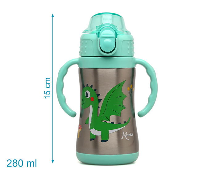 KioKids Botella Entrenamiento Dragón Verde 280 mL Acero Inoxidable +6 meses