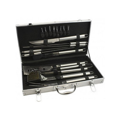LEOPOLD VIENNA LV01070 Set de Parrilla 18 Piezas con Tenedor, Espátula, Pinzas, Brocha y Funda, Negro y Acero Inoxidable