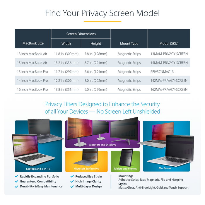 StarTech Filtro de Privacidad Magnético para MacBook Pro 16in (2021/2023) - Anti Luz Azul y Antirreflejo