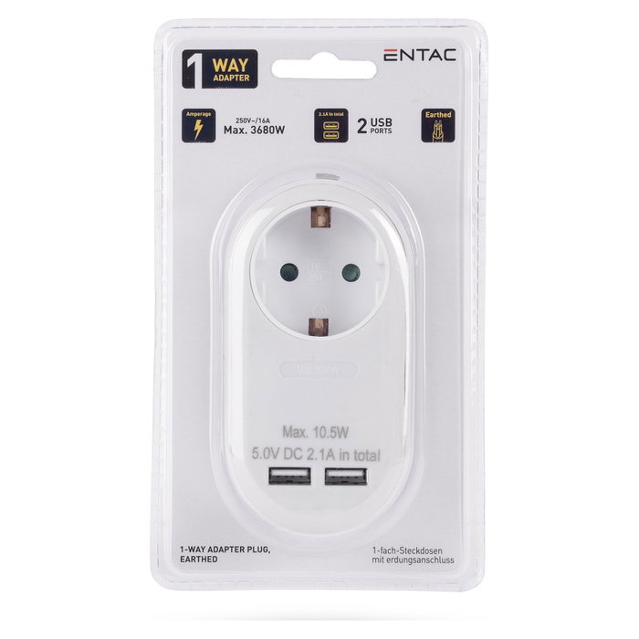 ENTAC Adaptador de enchufe EPAG-1EE-2USB-W con 2x USB-A Blanco