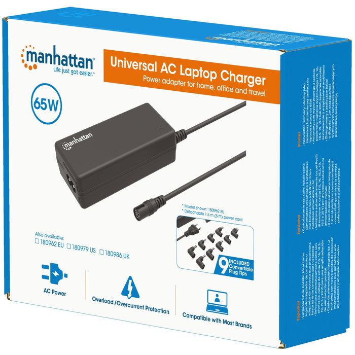 MANHATTAN 180962 Fuente de Alimentación Interna para Portátil 65W, Voltaje Universal 110-240V, Con 9 Conectores de Salida, Negro MANHATTAN 180962 Fuente de Alimentación Interna para Portátil 65W, Voltaje Universal 110-240V, Con 9 Conectores de Salida, Negro
