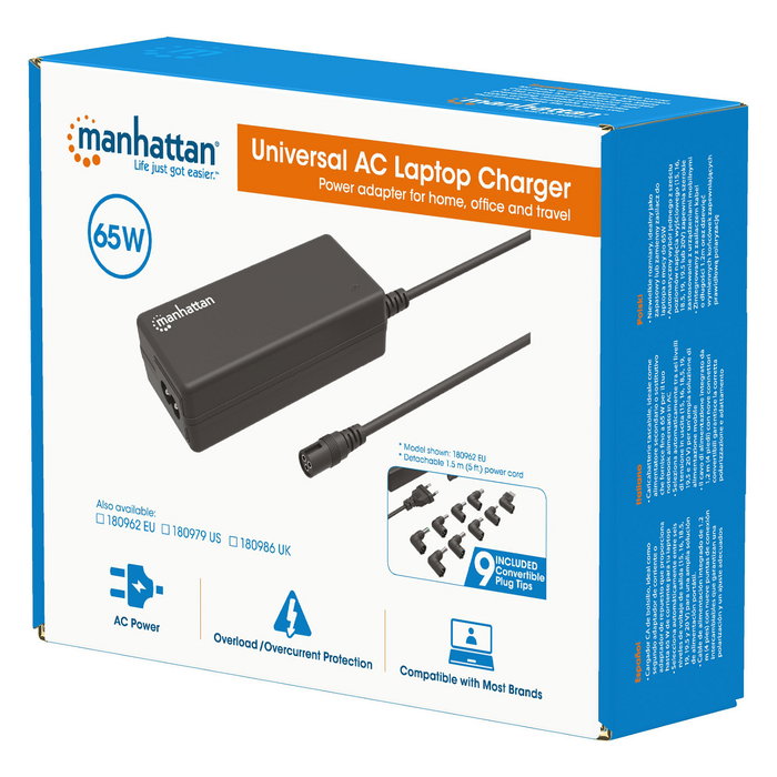 MANHATTAN 180962 Fuente de Alimentación Interna para Portátil 65W, Voltaje Universal 110-240V, Con 9 Conectores de Salida, Negro MANHATTAN 180962 Fuente de Alimentación Interna para Portátil 65W, Voltaje Universal 110-240V, Con 9 Conectores de Salida, Negro