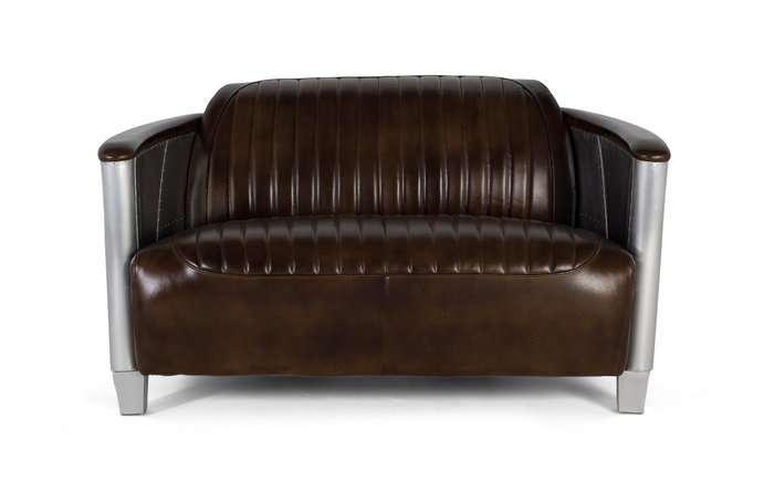 Giner Y Colomer Sofá 2 Plazas Piel Marrón Envejecido Aluminio Industrial