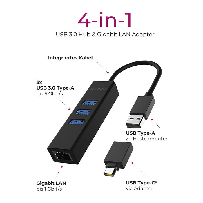 ICY BOX IB-HUB1419-LAN HUB USB 3.0/USB-C con 3 Puertos USB 3.0 y 1 Puerto Gigabit LAN