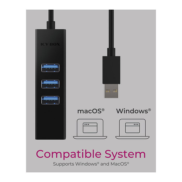 ICY BOX IB-HUB1419-LAN HUB USB 3.0/USB-C con 3 Puertos USB 3.0 y 1 Puerto Gigabit LAN