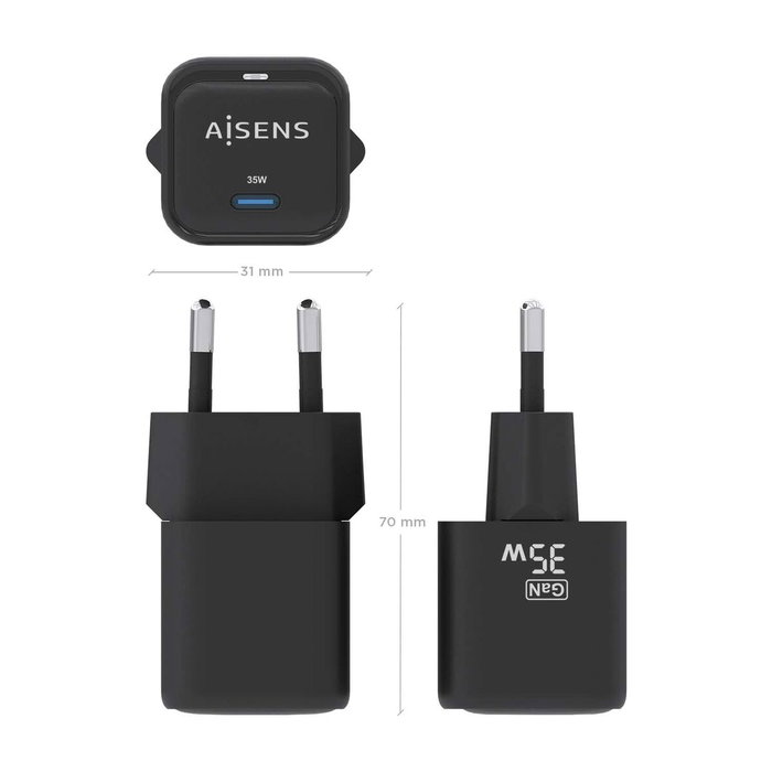 Aisens Cargador GaN 35W USB-C Negro ASCH-35W1P023-BK