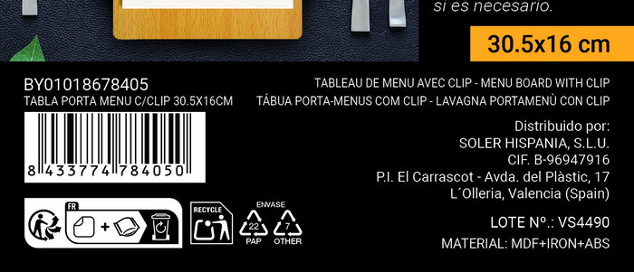 Inde Tabla Porta Menú con Clip 30.5 x 16 cm (24 Unidades)